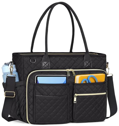 RAINSMORE Laptop Tote Bags for Women Teacher Work Bags 15.6 inch Large Nurse Bag Computer Messenger Briefcase with Insulated Pocket, Laptop Briefcase for Office College School University, Black