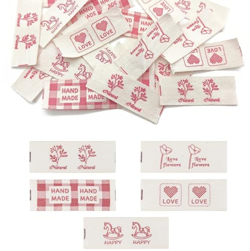 LIANCHEN 20 Pcs 5 Muster Handmade Stoff Label Nähen Handarbeit Etiketten Tags Stoffetiketten Label Annähen Textiletiketten Nähetiketten Faltende Für Nähen, Kunsthandwerk, Stricken (Beige + Rot)