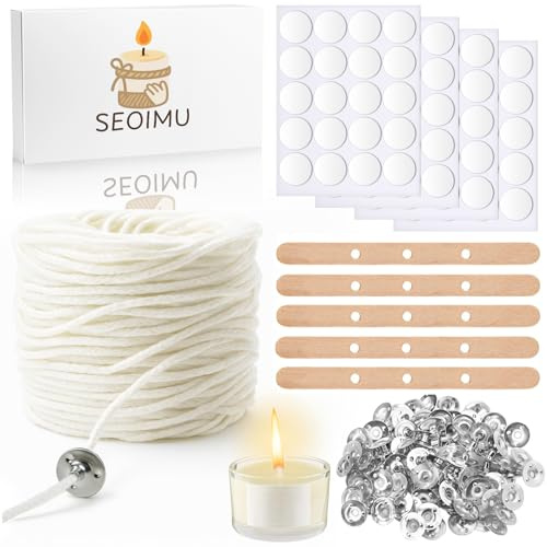 SEOIMU Kerzen Docht Set, 8000 cm Baumwolldocht für Kerzen selber Machen | Mit 125 Metallbasis, 80 Klebepunkten und 5 Holz Dochthalter; frei zuschneidbar für DIY-Kerzen in Wunschgröße