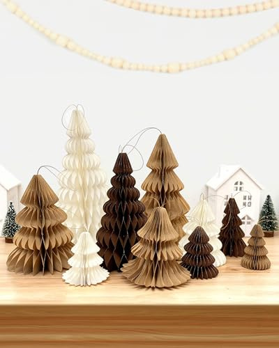 CORALMEE 10 Stück Waben-Tannenbaum, 3D-Weihnachtsbäume, Papier-Wabendekoration, Weiß, Beige, Braun, Tischdekoration, Papierornamente für Zuhause, Weihnachten, Urlaub, Party-Dekorationen