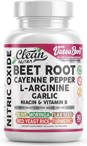 Vascu Boost Beet Root Cayenne Pepper Nitric Oxide Supplement L-Arginine Garlic Niacin Vitamin B Red Yeast Rice Flax Seed Turmeric Curcumin Supplement 90 Capsules by Clean Nutra