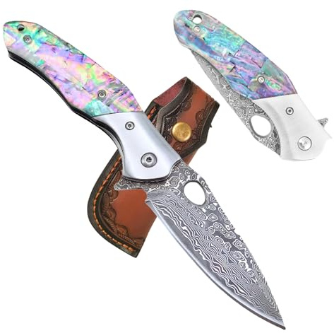 GEXAL Damast Taschenmesser Klappmesser mit Abalone-Muschel Griff – VG10 Edelstahl Einhandmesser, Outdoor Jagdmesser mit Leder Scheide für Camping, Angeln, Survival – Geschenk für Männer