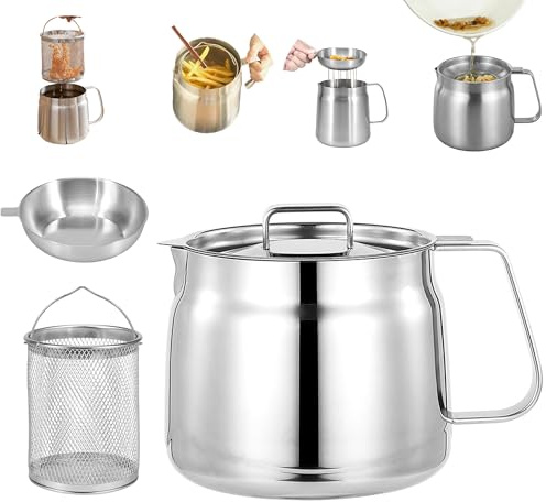 YOZAIUUI Steel Pour Fry Pot 2L: Deep Fryer Pot Oil Filter Pots with Basket Mesh Dustproof Lid Multi-Functional Oil Strainer Pots for Storing Frying Kitchen Cooking