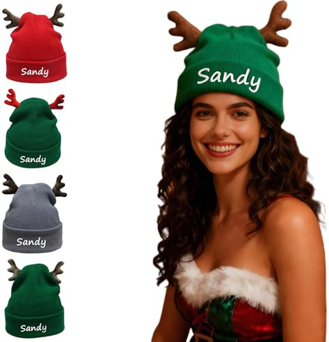Personalisierte Weihnachtsmütze mit Namen Bestickt, Nikolausmütze Kinder Weihnachtsmützen Erwachsene, Weihnachtshaube mit 2 Geweih und Sternen, Weihnachtsgeschenke Lustig für Familie Freunde