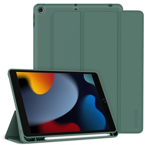 CACOE Cover Custodia Compatibile con iPad 9a Generazione 2021/iPad 8a Gen 2020/iPad 7a Gen 2019, Leggero Cover Protettivo Supporto con Pencil Holder per iPad 10.2 Auto Sveglia Sonno,Verde notte