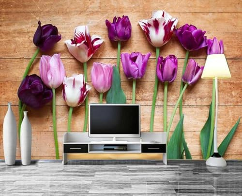 Minimaliste Grain De Bois Tridimensionnel Violet Floral Papier Peint 3D Installation Facile Intissé Tapisserie Bureau Salon Canapé Chambre Décoration Murale-430cm×300cm