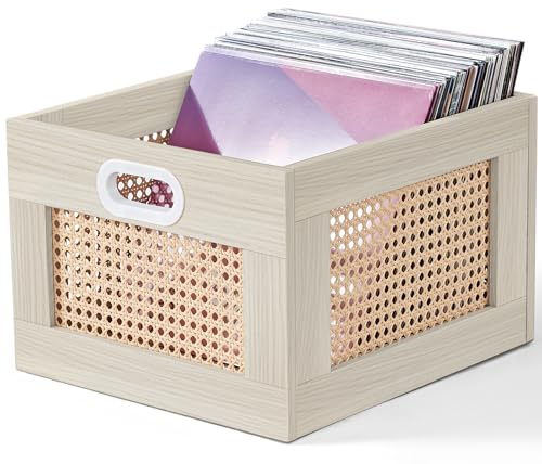 LELELINKY Vinyl Record Storage Crate, Rattan Vinyl Record Holder with Handle, Wood Record Crate for Vinyls Holder up to 75 LP's, Desktop Cube Album Storage for Vinyls Records(Grey White)