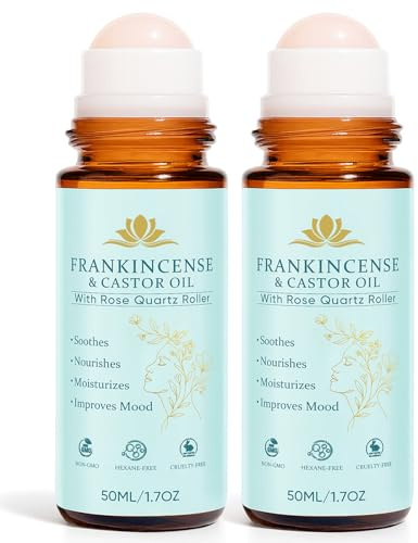 Frankincense and Castor Oil, Castor Oil Roll On with Rose Quartz, 100% Pure, Organic, Cold-Pressed, Firms Skin, Reduces Fine Lines & Hormone Balance, Suitable for Face, Neck, Abdomen, 50ML/1.7OZ (2)