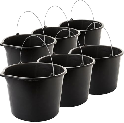 2friends Baueimer Set 12L Schwarz mit Metallbügel, Ausguss, 30 cm Durchmesser, Robuster Putzeimer aus Kunststoff, Vielseitig, Made in EU, 6 Stück, extra stabile Griffe