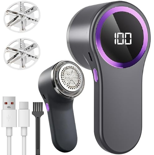 Rechargeable Electric Lint Remover with Digital LED Display – 6-Blade Fabric Shaver & Bobble Trimmer for Clothes and Upholstery, Portable & Safe with Protective Cap (Purple)