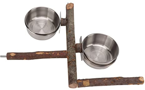 SPYMINNPOO Support en Bois pour Perroquets, Bol à Nourriture en Acier Inoxydable, Ensemble d'alimentation pour Cage à Oiseaux, Exercice en Bois de Pommier Détachable, Installation Facile pour Les (L)
