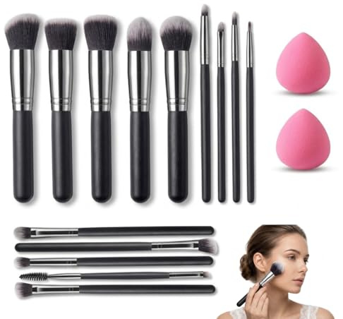 ZZHBOO 14 brochas de maquillaje y 2 esponjas, set profesional con mango de plástico y cerdas de fibra sintética, para aplicación de base, polvo, rubor, sombra de ojos y corrector.