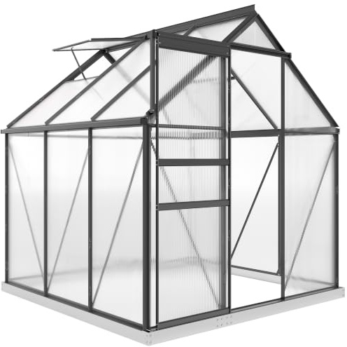 Outsunny Invernadero de jardín de policarbonato con marco de aleación de aluminio 3,6㎡, invernadero para huerto con base, canalones, ventana de techo ajustables, puerta batiente, para plantas, anti UV