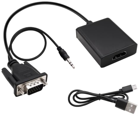 Adaptador VGA a HDMI con audio de 3,5 mm y cable de alimentación USB 0,5M | VGA macho a HDMI hembra, unidireccional,1080P, para PC TV consola de juego para monitorear, puerto de carga Micro USB,25cm