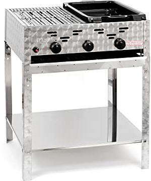 Gasgrill-Kombibräter 11kW 3-flammiger Edelstahl-Brenner Standmodell mit kleinem Grillrost und kl. emaillierter Stahlpfanne Gastrobräter Profigrill