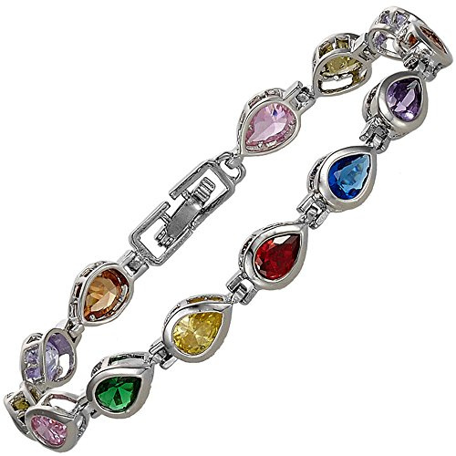 Tennis Armband [18cm/7inch] mit Tropfenschliff Edelstein Zirkonia CZ [Mehrfarbig] in 18K Weißgold Vergoldet, Einfache Moderne Eleganz