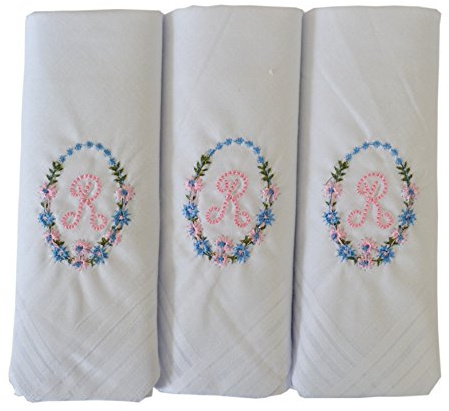3er Pack Damen/Damen bestickt Initialen Taschentücher mit weißem Satin Rand, R