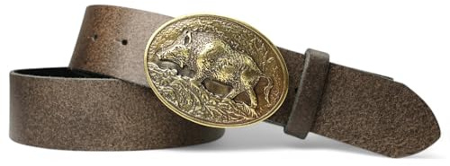 FRONHOFER Trachtengürtel Ledergürtel Büffelleder 4 cm, Wildsau Gürtelschnalle Messing 7,5 x 6 cm, Lederhosen Gürtel Wechselschnalle Druckknopf, Bundweite 90-125 cm, Jagd, Made in Germany