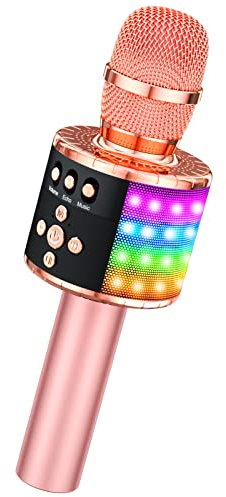 BONAOK Kabelloses Karaoke-Mikrofon, Bluetooth, mit steuerbaren LED-Lichtern, tragbarer Lautsprecher für Karaoke, Geburtstagsgeschenk, Partyzubehör, Reisespielzeug für Android/iPhone/iPad/PC (Roségold)