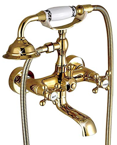 Robinet De Baignoire, Mitigeur Douche Montage Mural Avec Douche À Main, Mitigeur De Baignoire Double Poignée Laiton Avec Support Et Flexible 150Cm, Pour Salle De Bains, Antique Style, D'or