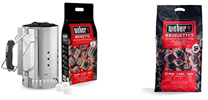 Weber 17631 - Set Chimenea con Briquetas Encendido Blancas, Inox, 2 Kg / 6 Pastillas + 17591 - Briquetas De Carbón Vegetal para Barbacoa, 8 Kg, 1 Unidad