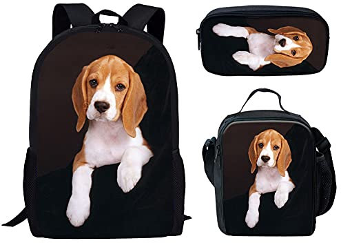 Binienty Modische Schultasche 3-in-1 für Kinder, Jungen, Mädchen, Rucksack + Lunch-Tasche + Federmäppchen, Beagle, Einheitsgröße,
