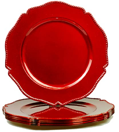 Umisriro Lot de 6 assiettes de présentation festonnées en plastique rouge vif avec bord perlé, 33 cm pour table de mariage et de fête, finition brillante