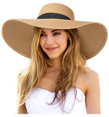 Senker Fashion Sun Hats for Women Oversize Wide Brim Straw Beach Hat Floppy Foldable Roll-Up Summer Vacation UPF 50+ Khaki