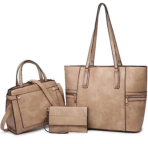 Damen-Handtasche/Umhängetasche/Tragetasche/Hobo-Tasche/Tragegriff/Schultertasche mit Schultertasche, 3-teiliges Set, sand