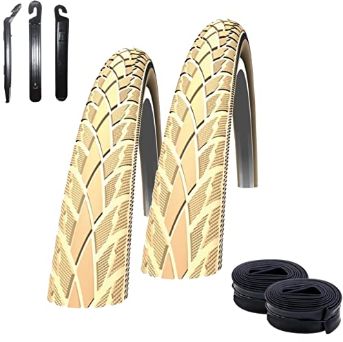 2 x Schwalbe Road Cruiser Creme Reflex Fahrradreifen Decke 42-622 (28 x 1.60) + 2 Schwalbe DV17 Schläuche inkl. 3 Reifenheber