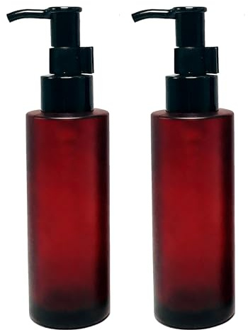 2 Botellas de Vidrio Esmerilado con Bomba, dispensador de artículos de tocador de jabón, contenedor con Bombas Negras para loción, Aceite Esencial, Aceite desmaquillante (3.4 FL oz, Rojo Vino)