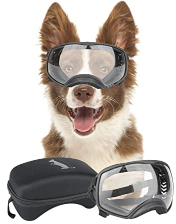 PETLESO Clear Dog Goggles for Medium to Large Breed, UV Protection Windproof Snowproof Dog Sunglasses All-Weather Eye Shield, Wide Vision & Soft Frame, Adjustable Straps, Clear