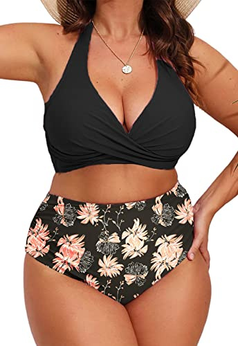 Yutdeng Bikini Damen Große Größen High Waist Bauchweg Bikini Push Up Twist Front Triangel Neckholder Bikini Gepolstert V Ausschnitt Große Brüste Bademode Plus Size Badeanzug,Rosa,XXL