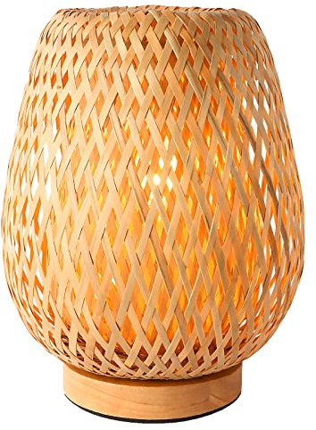 Schindora Handmade Boho Bamboo Small Table Lamp Wicker Woven Desk Lamp,Boho Table Lights for Bedrooms Bedside Reading Light for Home Decor