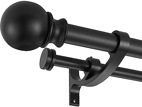 Lwiiom Double Curtain Rods with Aluminum Bouquet Brackets and Round Finials,Matte black Curtain Rods for Windows 28 to 48 inch,1-Inches Front and 5/8 Inches Back Double Window Drapery Rod