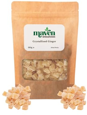 Maven Wholefoods Crystallised Ginger Chunks 250 | Sweetened Dried Root Pieces | Natural Vegan Snack | GMO Free | Ideal for Baking, Cooking & Desserts
