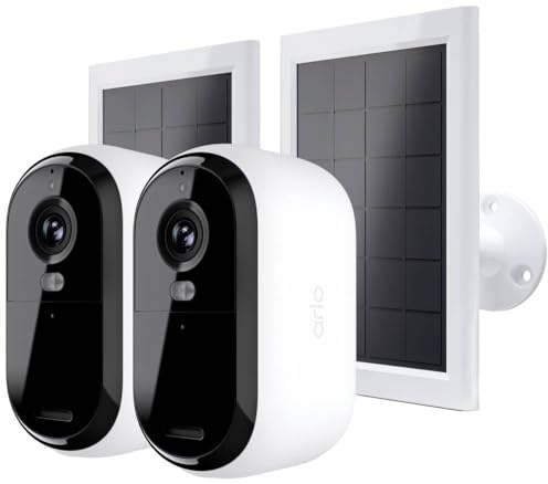 Arlo Essential 2 2K + Panneau Solaire, Caméra de Surveillance WiFi Extérieure Sans Fil, Autonomie de 6 mois, Vision Nocturne Couleur, Audio Bidirectionnel, Essai Arlo Secure Inclus, 2 Caméras Blanc