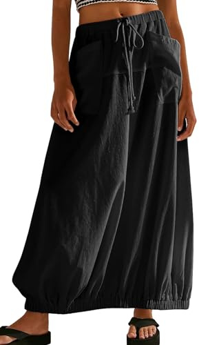 CHARTOU Women Baggy Parachute Skirt Comfy Casual Cotton Y2k Cargo Maxi Long Skirt, Black, S