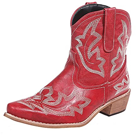Red,39,OTMYIGO Damankelstövlar Cowboyboots broderi Walking Boots Westernstövlar med spetsig tå, korta stövlar i retrostil