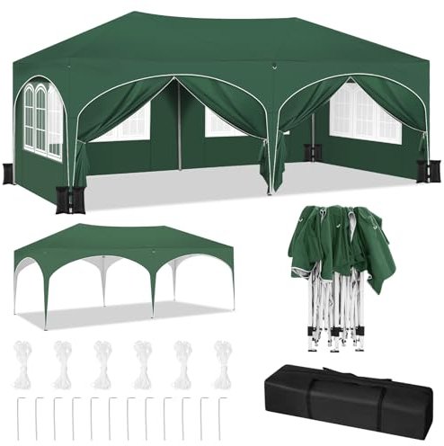 WOLTU Pabellón de Jardín Cenador Plegable Pérgola con Techo Carpa para Exteriores de Tela Oxford 3x6m,con Paredes Laterales, Camping y Playa,4PCS Bolsas de Arena Vacía para Carpas,Verde