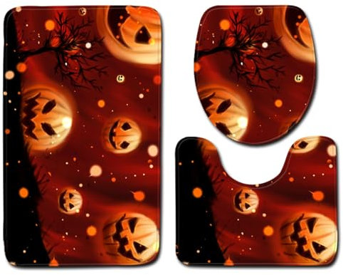 Bad Teppiche Set 3-Teiliges Orange Roter Kürbis WC Vorleger Mit Ausschnitt Badematte Saugfähig WC Deckelbezug Badvorleger rutschfest Waschbar Toilettensitzbezug Badgarnitur (45x75cm)