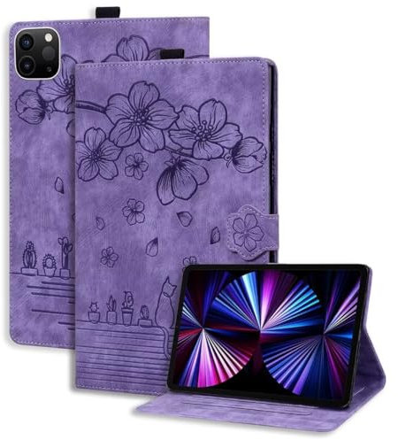 Hülle für Xiaomi Pad 7 Wallet Tasche Ledertasche Geprägte Blütenkatze Schutzhülle Flip Case Cover mit Kartenfach für Xiaomi Pad 7 Tablet Hülle, lila