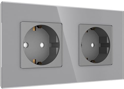 PULSAR Steckdose Unterputz Grau 230V Schuko Steckdose 2 Fach mit Rahmen aus Glas und Kindersicherung Einzelsteckdose Flach Geeignet für Badezimmer, Küche, Schlafzimmer uvm