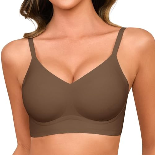 Lonya Bras for Women Non Wired Seamless Comfort Support Full Coverage Push up V Neck Soft Padded Wireless Bralette T Shirt Zero Feel Sleep Everyday Bra, Coffee, L