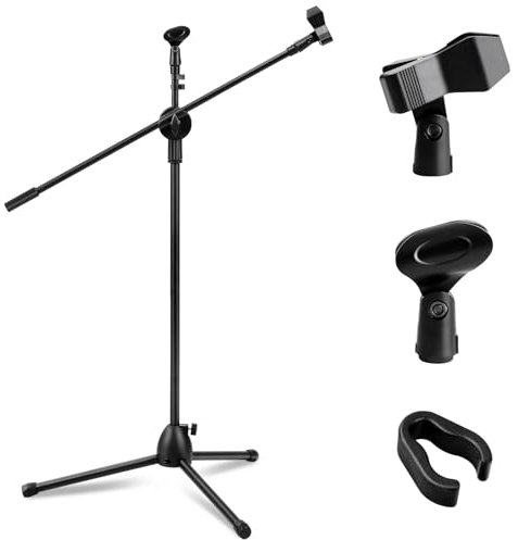 CROWNSHOP Microphone Stand 73-175cm with Telescopic Boom Adjustable and Portable Collapsible Studio Holder with Tripod Base Mic Clip Adapter for Musicians Parties and Stages (73-175cm)