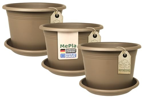 MePla 3 x Ensemble Pot de fleurs Cylindro ø50 cm + Sous-plat ø49 cm Taupe, résistant aux intempéries en plastique UV-résistant