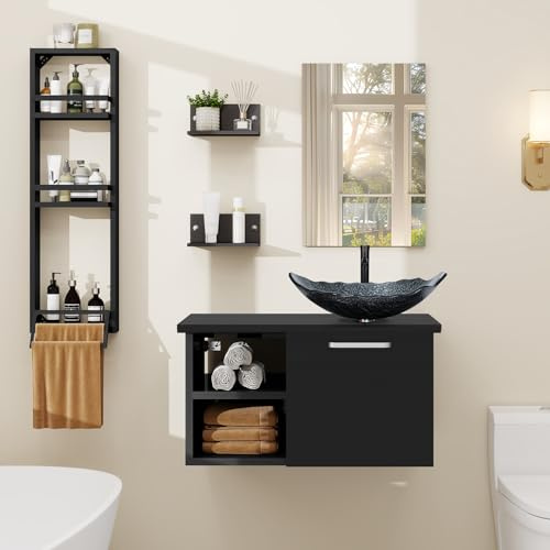 YU YUSING Set di Mobili da Bagno con Lavabo, Specchio, Portasciugamani, Arredo Bagno Completo, Mobile Lavandino Bagni da 71cm, Mensola Doccia 3 Ripiani, 2 Ripiani Muro, Set Rubinetti, Argento Moderno