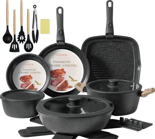 COICUR Keramik Topfsets Pfannenset 23 Teilig Antihaft Kochgeschirr mit Abnehmbarem Griff Stapelbar Topfset Für alle Herdarten, Bratpfanne 20/26cm, Milchtopf 18cm, Schmorpfanne 24cm Ofenfest, Schwarz