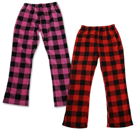 LNFINTDO 2-pack barn flickor pyjamasbyxor fleece jul pläd pyjamas byxor mjuka rutiga pyjamasbyxor med fickor nattkläder lounge byxor, Röd+rosa, 11-12 Years