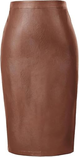 Belle Poque Jupes en cuir vintage taille haute longueur genou jupes moulantes bureau travail habillé jupe crayon, marron, M